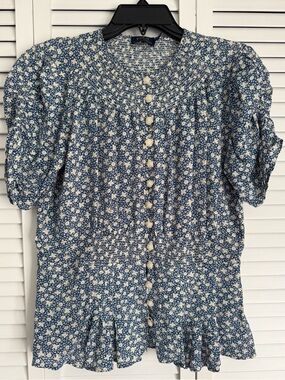 Polo Ralph Lauren Floral Print Blue White Ruched Sleeve Button Front Blouse 8